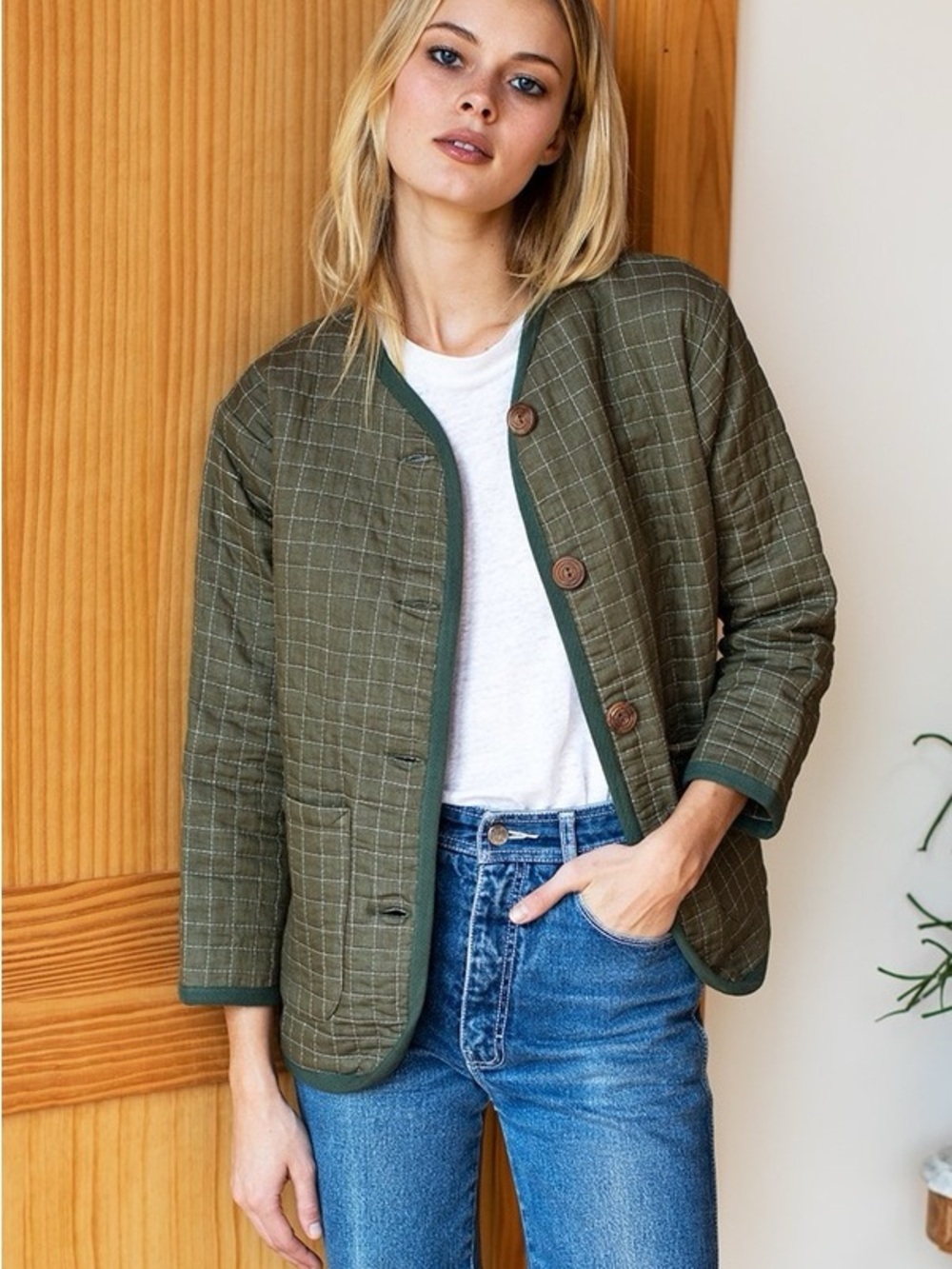 Emerson Fry Small Quilted Olive Green Button-Front Women's Jacket